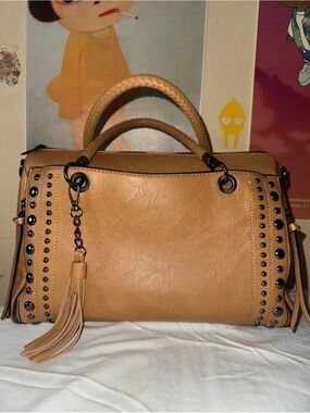Tan Studded Tassel Crossbody Satchel Handbag